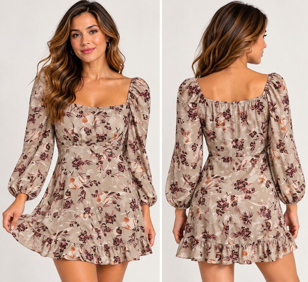 SHEIN Women’s Long Sleeve Floral Autumn Short Ruffled Hem A-Line Dress XS EUC